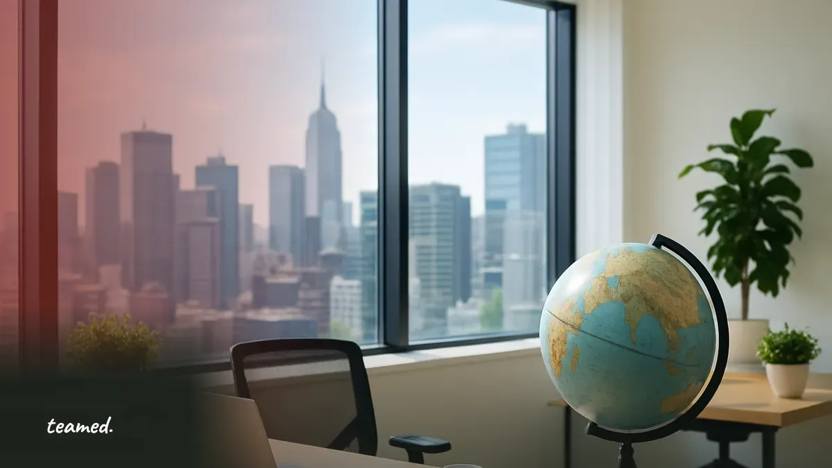 A modern office with a globe and a cityscape view, symbolizing international business relocation.