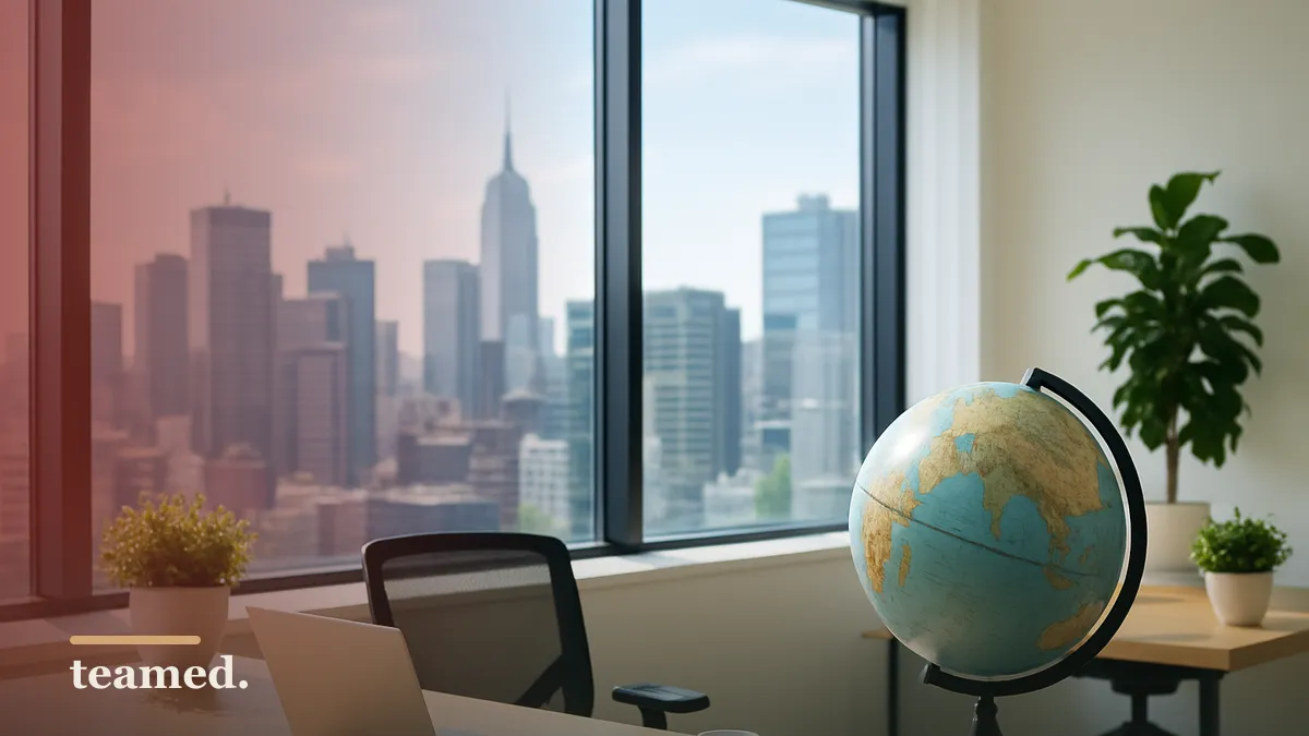 A modern office with a globe and a cityscape view, symbolizing international business relocation.