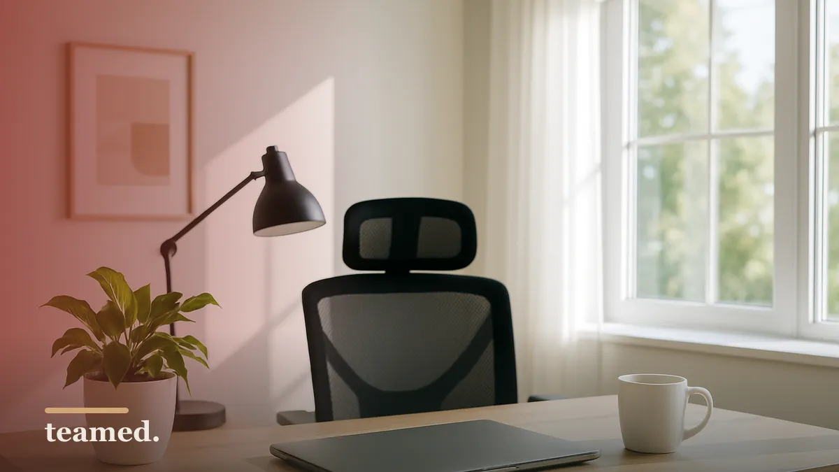 A bright home office scene emphasizing an organized workspace, relevant to remote work guidelines.