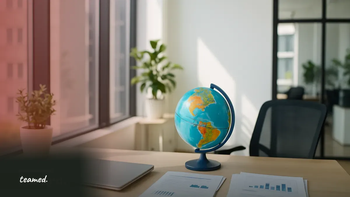 A modern office space with a tidy desk, globe, and closed laptop, symbolizing the intersection of payroll and HR functions.