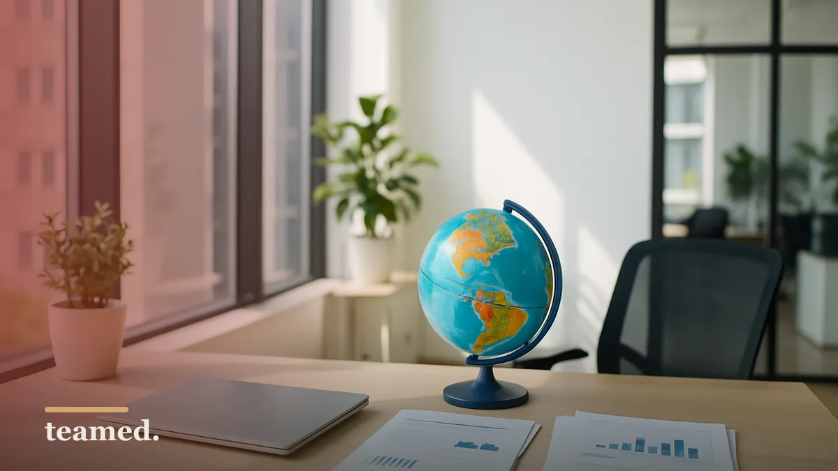 A modern office space with a tidy desk, globe, and closed laptop, symbolizing the intersection of payroll and HR functions.