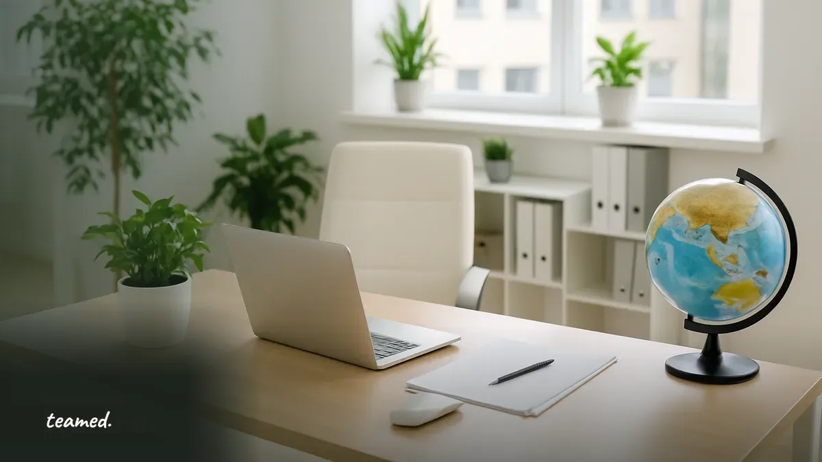A clean office scene with a globe symbolizing global employment, relevant to the article on sign-on bonus tax in the Netherlands.