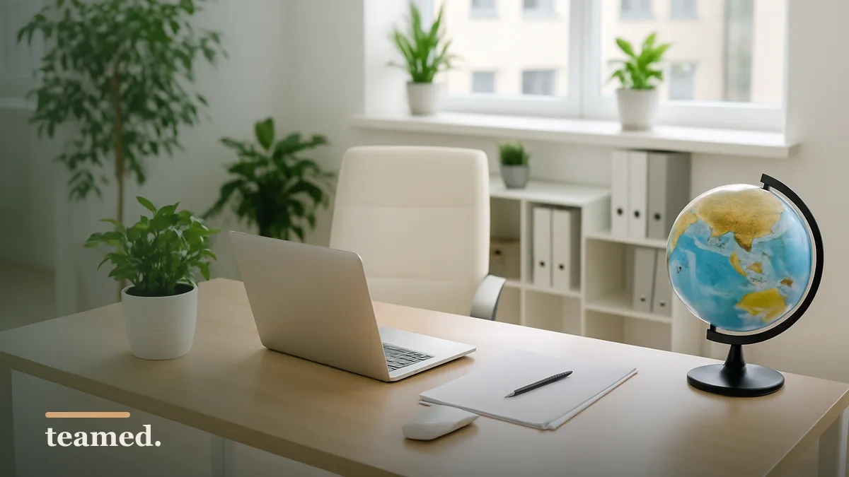 A clean office scene with a globe symbolizing global employment, relevant to the article on sign-on bonus tax in the Netherlands.