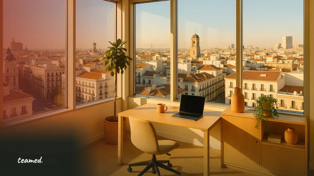 A bright Madrid office overlooking the city, evoking Spanish employer social security costs.