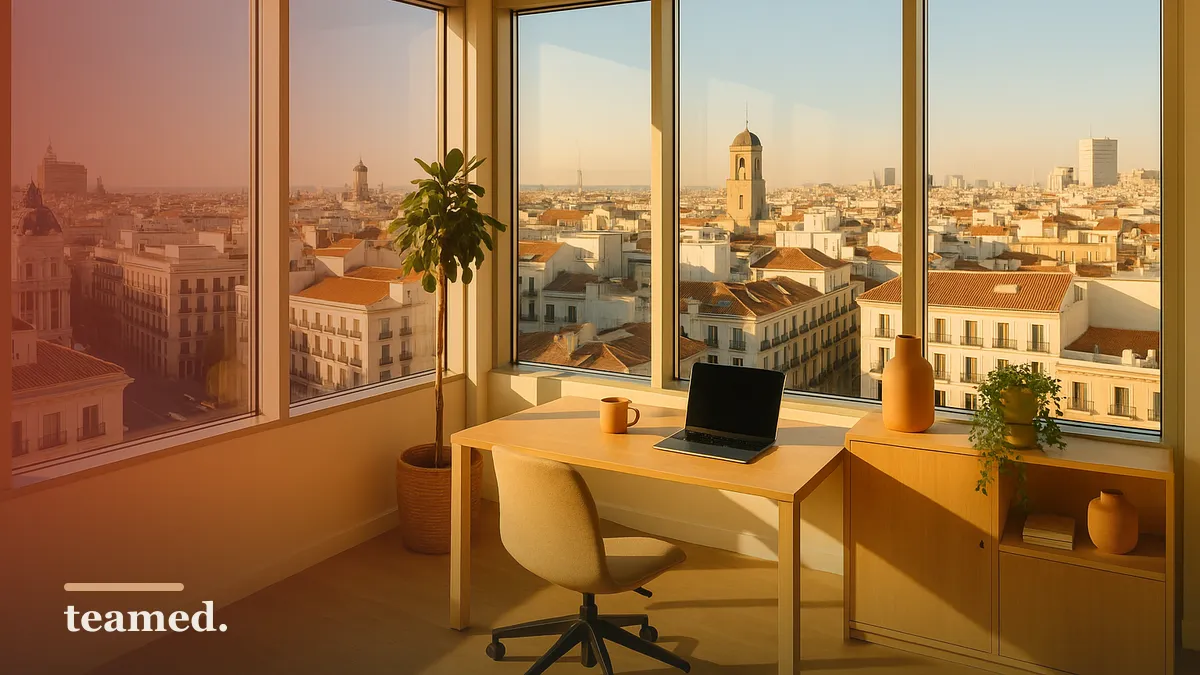 A bright Madrid office overlooking the city, evoking Spanish employer social security costs.
