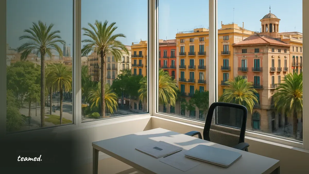 A modern office with a city view, symbolizing the hiring landscape in Spain.