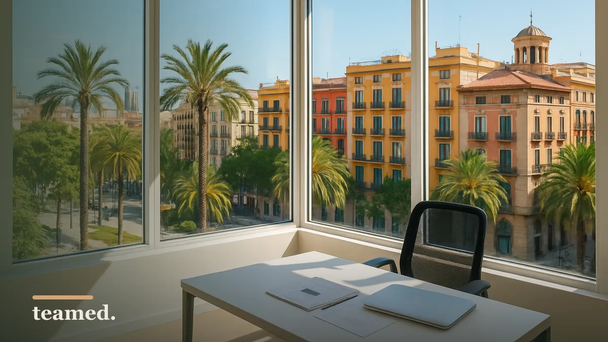 A modern office with a city view, symbolizing the hiring landscape in Spain.