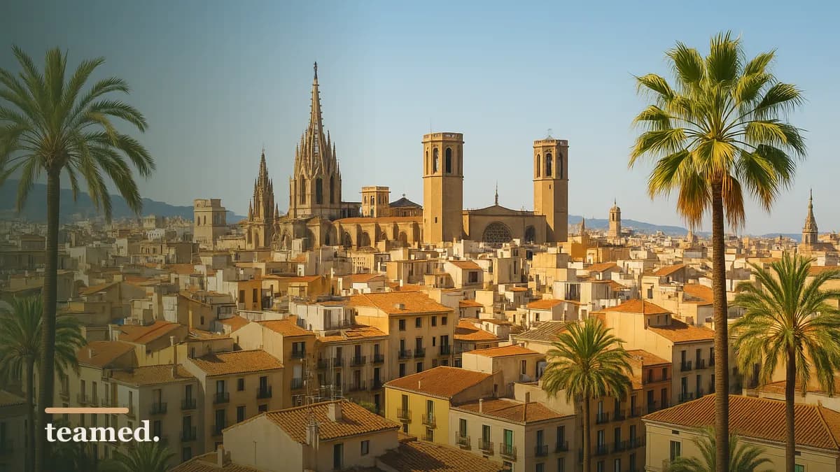 A sunny Barcelona cityscape, evoking Spanish work visa rules.