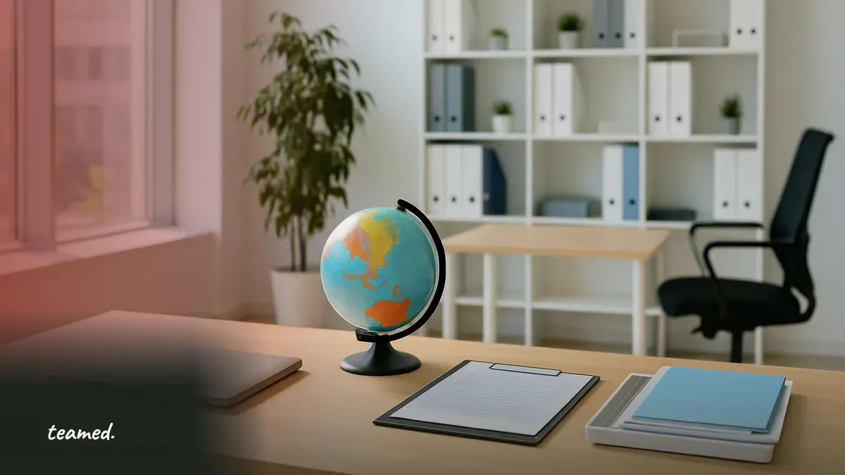 A clean office setting with a desk and globe, symbolizing global employment and IRS classification rules.