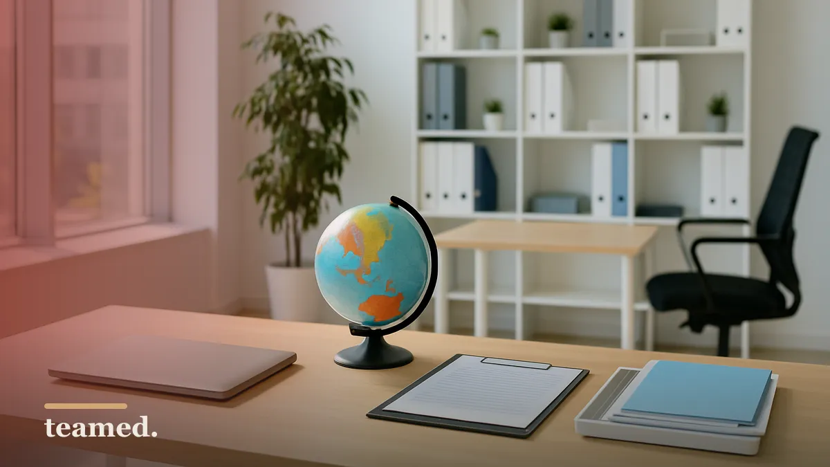 A clean office setting with a desk and globe, symbolizing global employment and IRS classification rules.