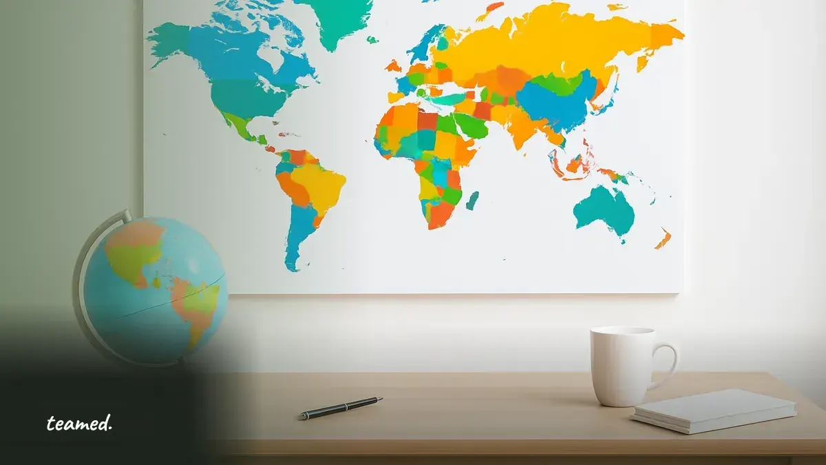 A modern office with a world map and globe, representing global employment and transparency.