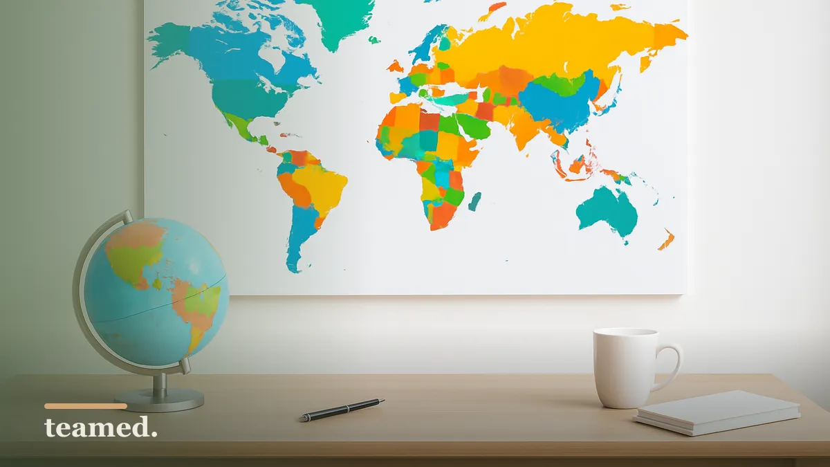 A modern office with a world map and globe, representing global employment and transparency.