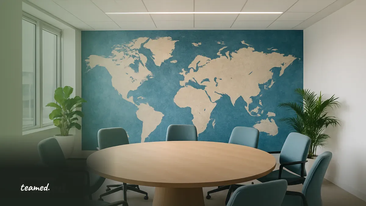 A modern meeting room with a world map, symbolizing global employment practices relevant to termination pay in Spain.