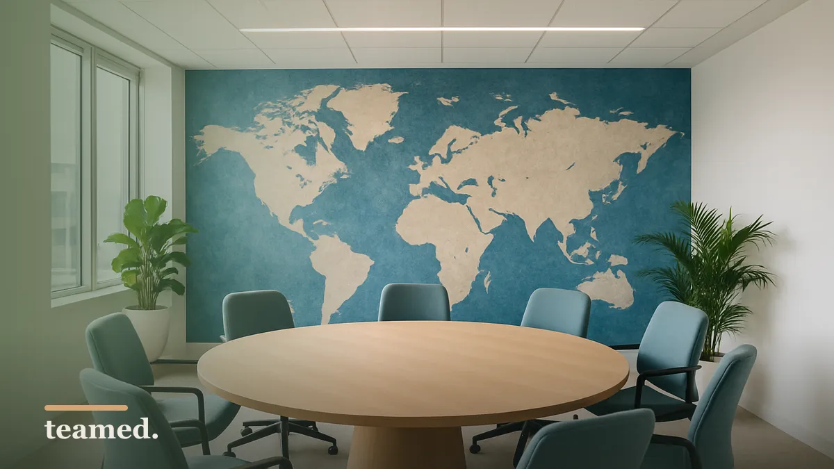 A modern meeting room with a world map, symbolizing global employment practices relevant to termination pay in Spain.