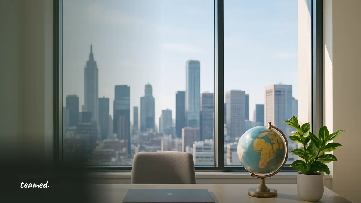 A clean modern office with a city skyline view and a globe, symbolizing the impact of AI on global employment.