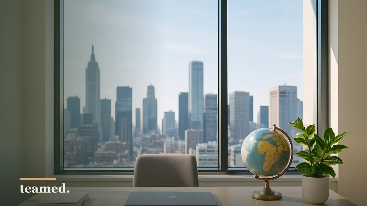 A clean modern office with a city skyline view and a globe, symbolizing the impact of AI on global employment.