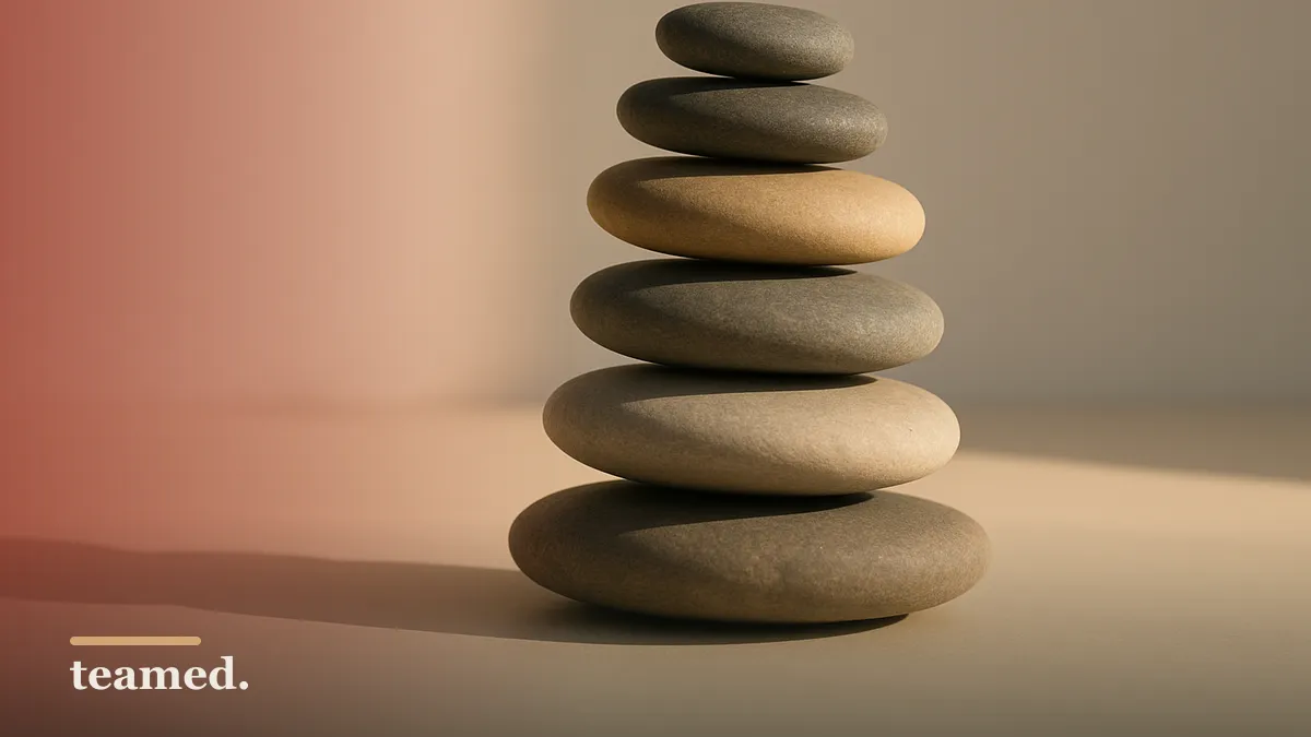 A carefully balanced stack of smooth stones, representing the layers of a real compliance stack.