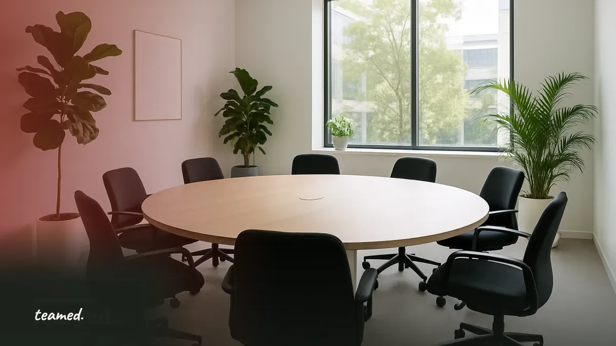 Bright office meeting room with plants and a round table, representing global employment and compliance in the context of overtime laws.
