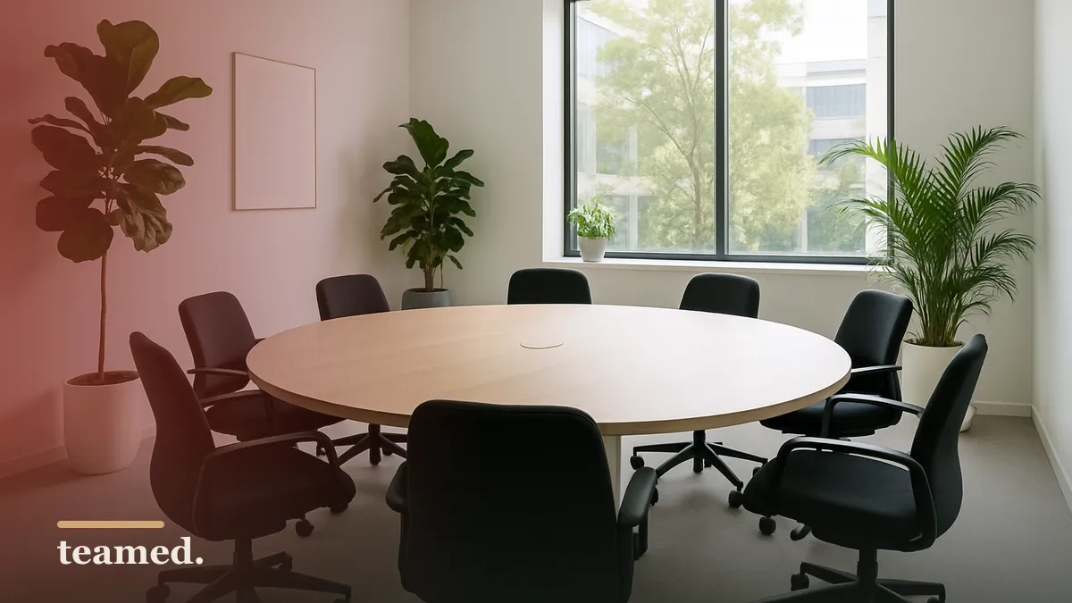 Bright office meeting room with plants and a round table, representing global employment and compliance in the context of overtime laws.