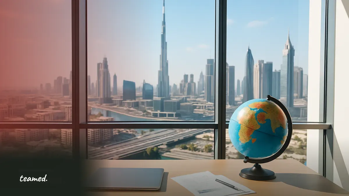 A modern office with a globe and a cityscape view, symbolizing global employment and payroll compliance.