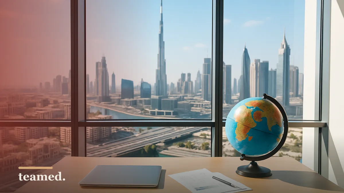 A modern office with a globe and a cityscape view, symbolizing global employment and payroll compliance.