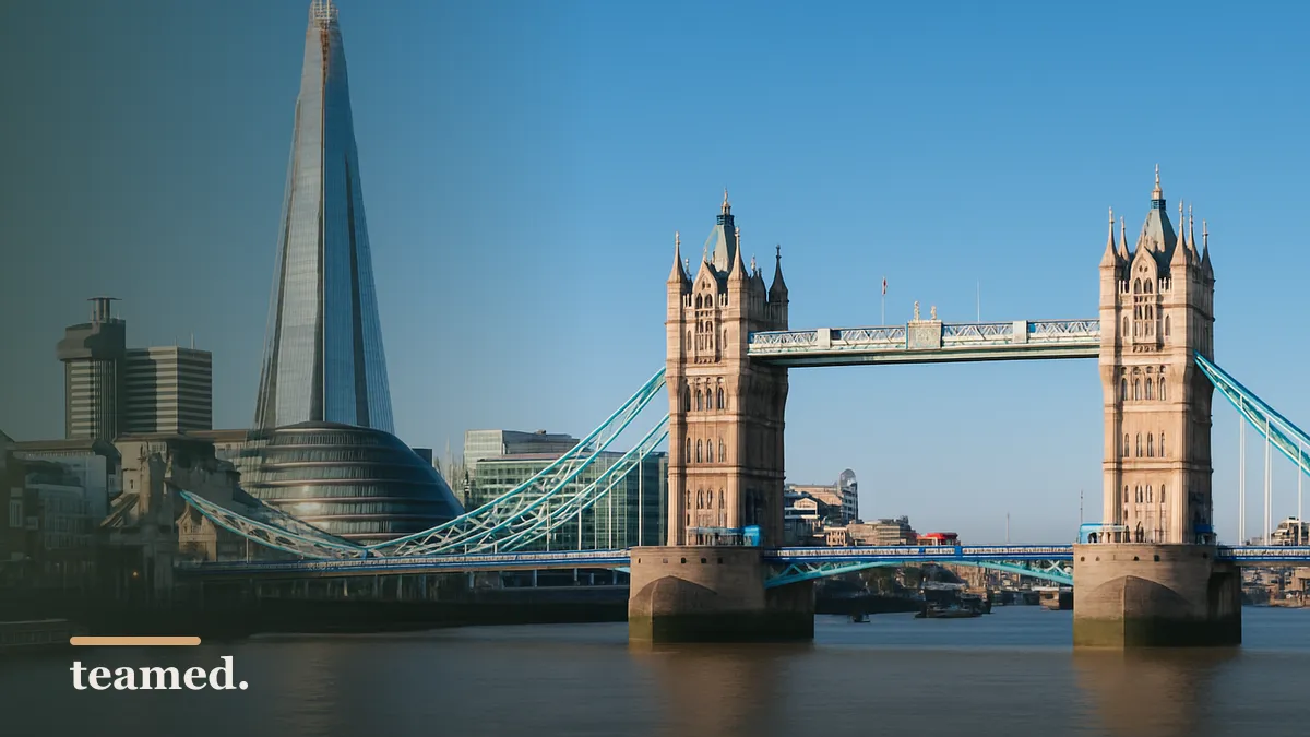 A vibrant London cityscape showcasing the Shard and Tower Bridge, representing UK companies navigating EU tenders post-Brexit.