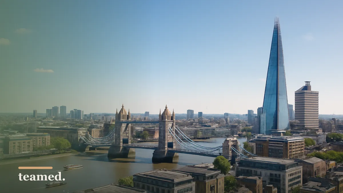 A vivid London cityscape showcasing iconic landmarks, relevant to global employment services.