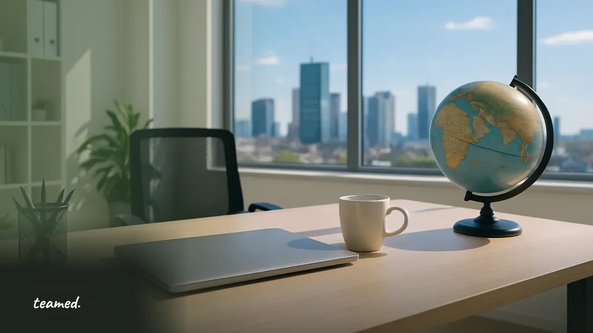 A modern office scene with a globe and a tidy desk, representing global employment and HR topics.
