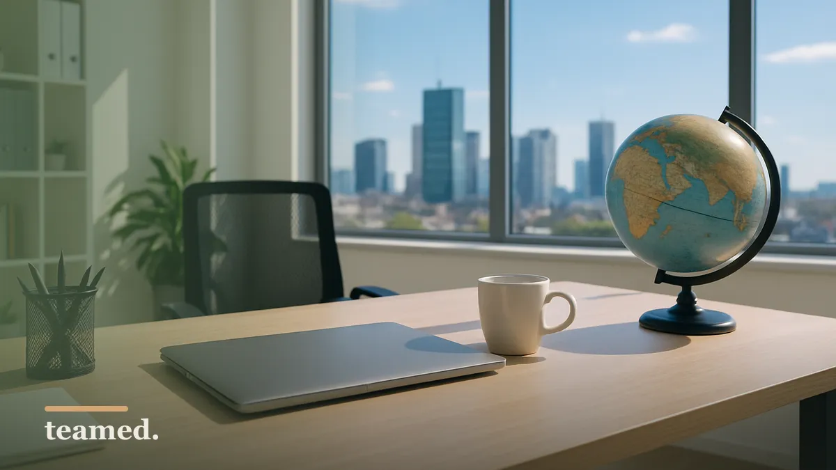 A modern office scene with a globe and a tidy desk, representing global employment and HR topics.