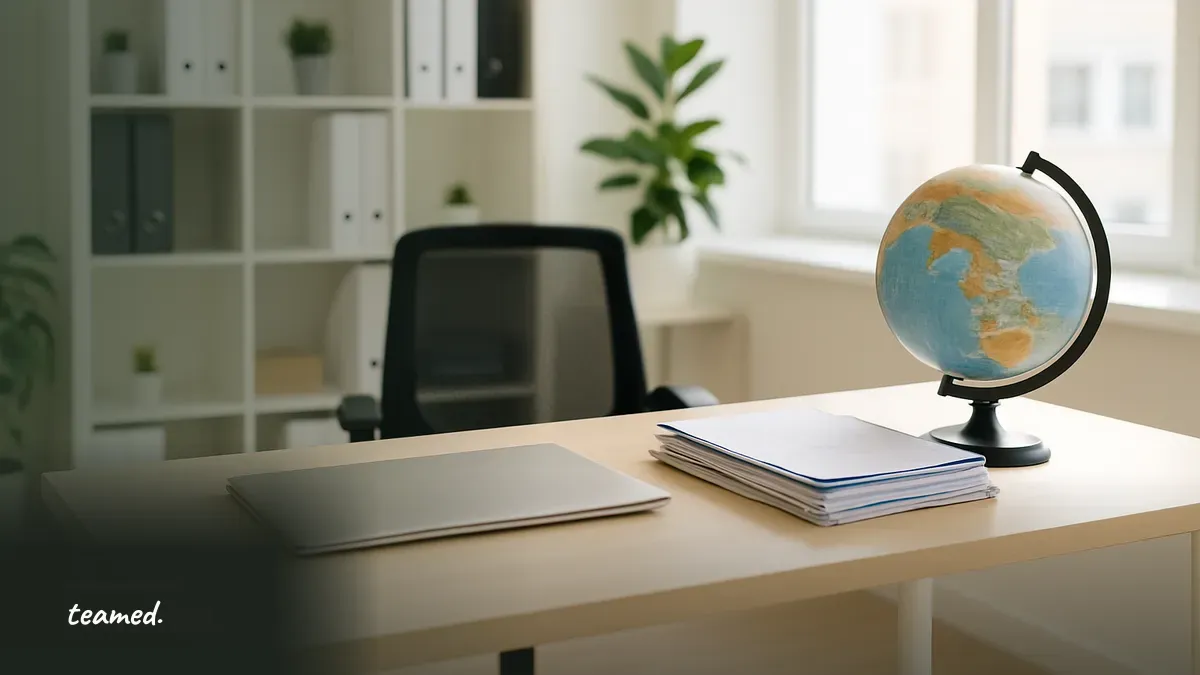 A modern office desk with a globe and closed laptop, symbolizing global employment and financial planning for 401k requirements.