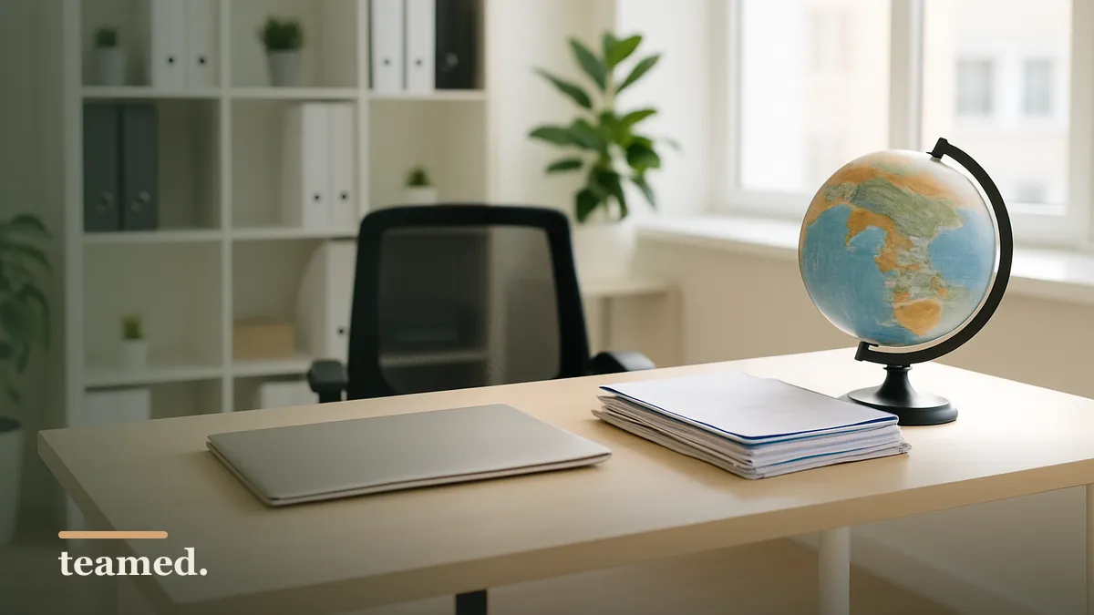 A modern office desk with a globe and closed laptop, symbolizing global employment and financial planning for 401k requirements.