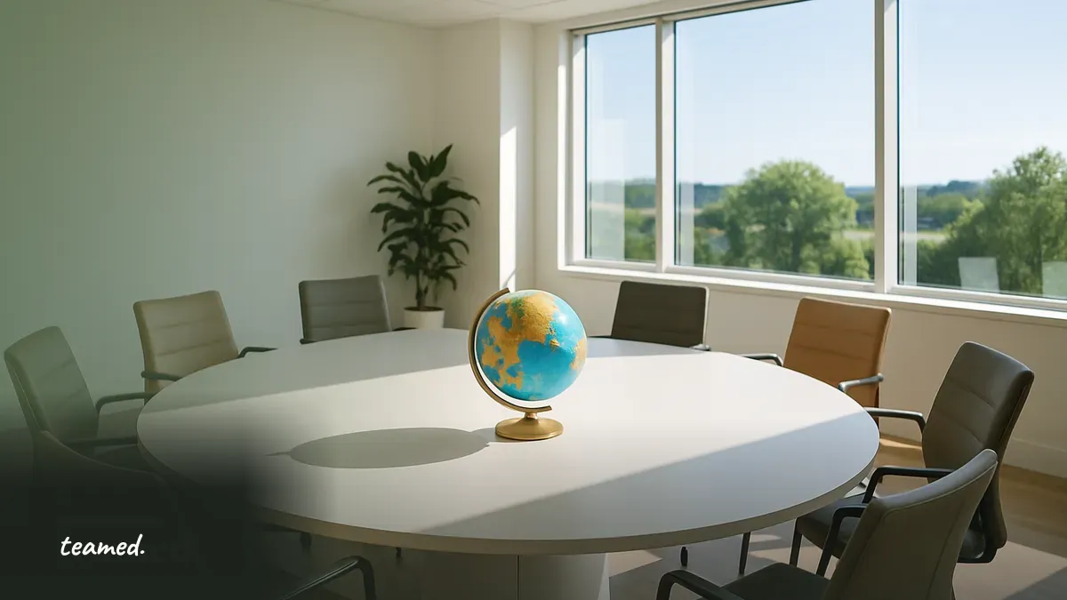 A modern office conference room with a globe on the table, symbolizing global employment and documentation needs.