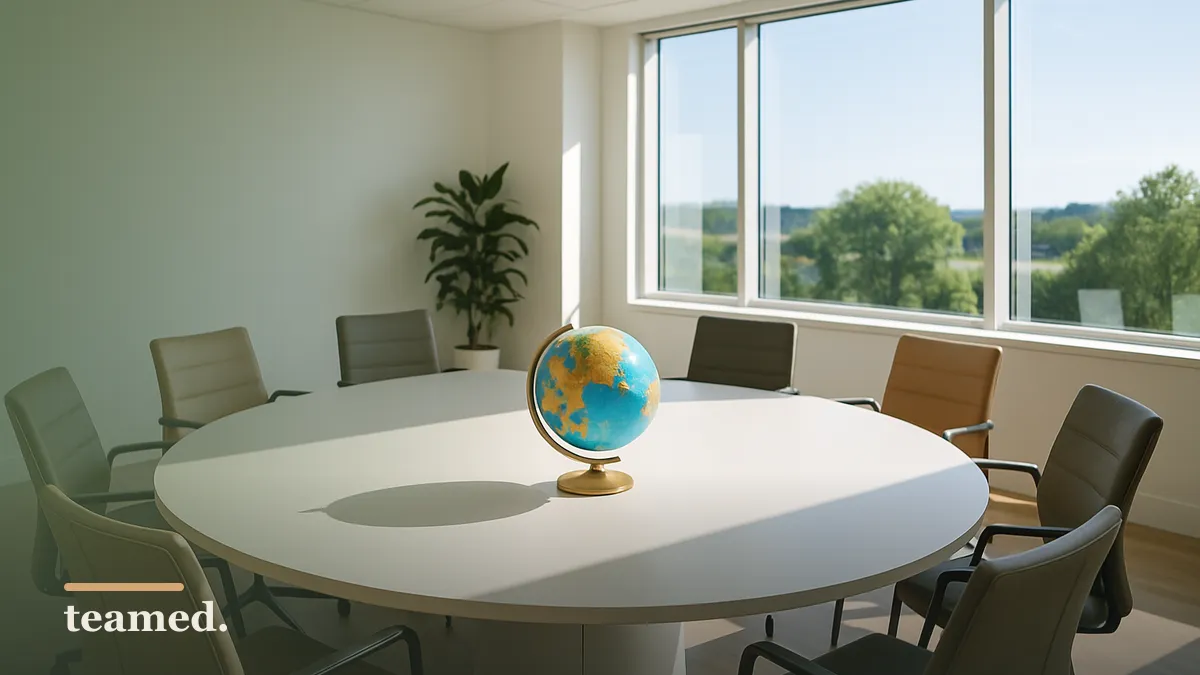 A modern office conference room with a globe on the table, symbolizing global employment and documentation needs.