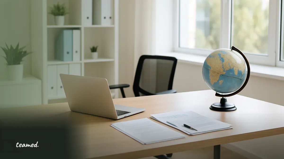 A modern office desk with a globe and closed laptop, symbolizing global employment and payroll calculations.
