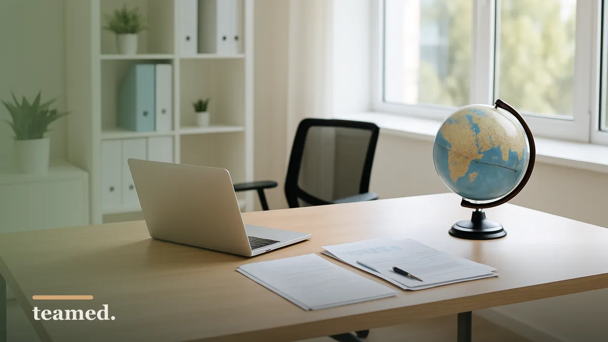 A modern office desk with a globe and closed laptop, symbolizing global employment and payroll calculations.