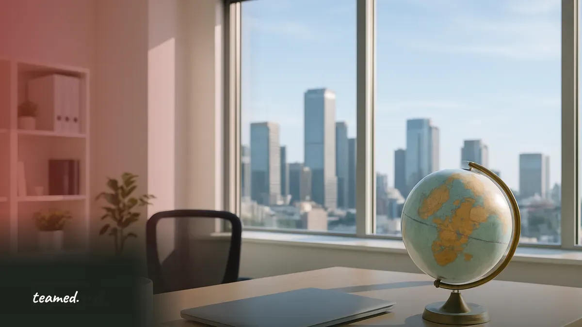A modern office desk with a globe and coffee cup, symbolizing global payroll compliance.