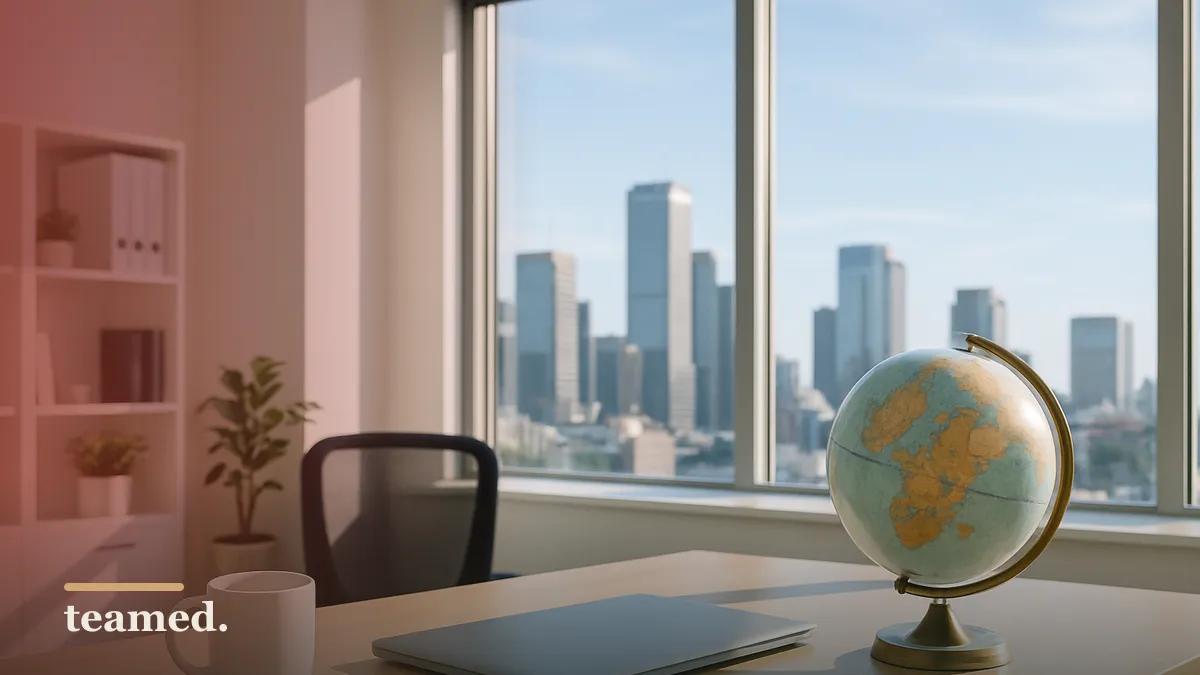 A modern office desk with a globe and coffee cup, symbolizing global payroll compliance.