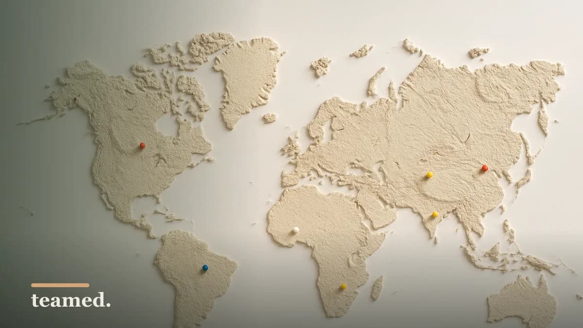 A relief world map with marker pins, representing local compliance partners in different countries.