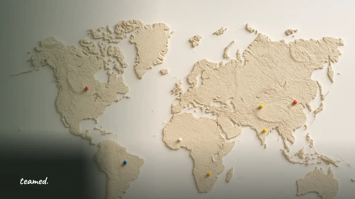 A relief world map with marker pins, representing local compliance partners in different countries.