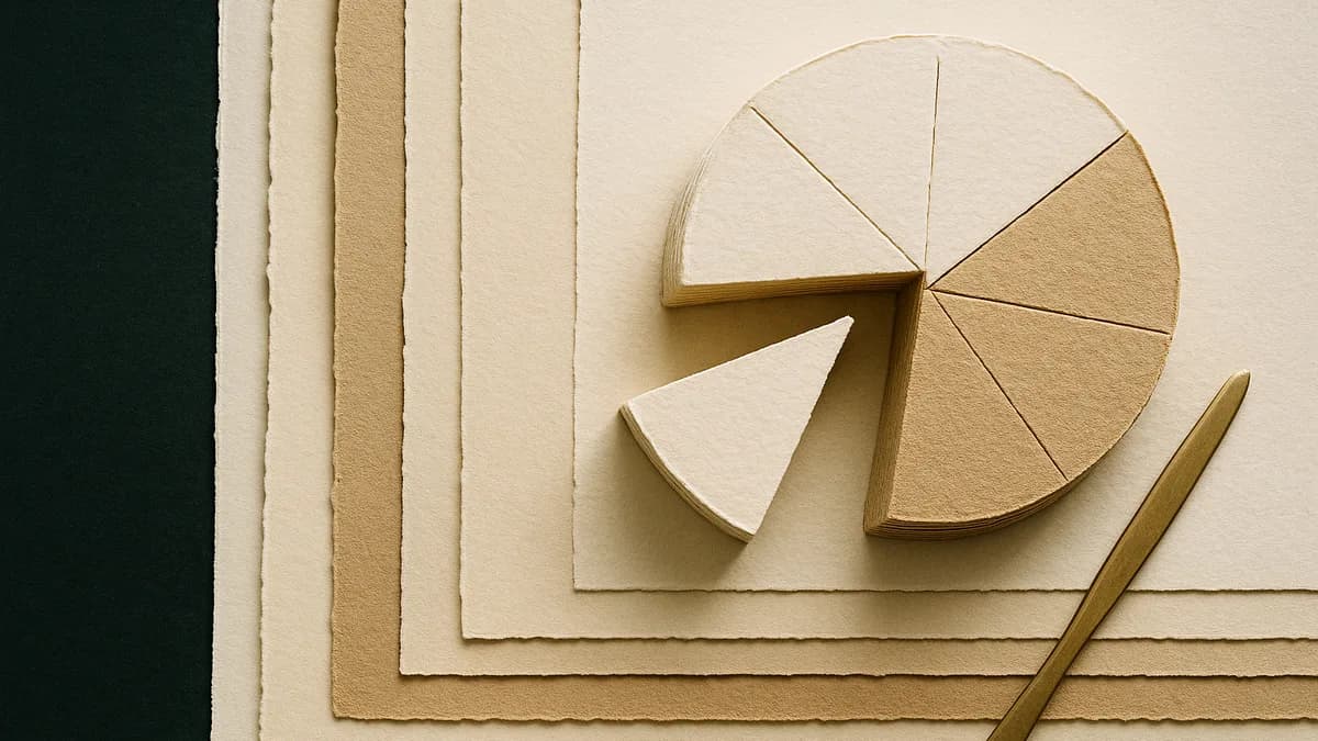 A layered paper disc cut into wedges with one drawn out and a brass paper knife, how a white-label revenue share is split.
