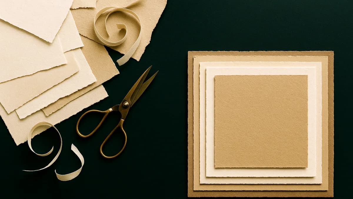 A finished layered paper stack beside loose offcuts and brass scissors, partnering for EOR or building your own.