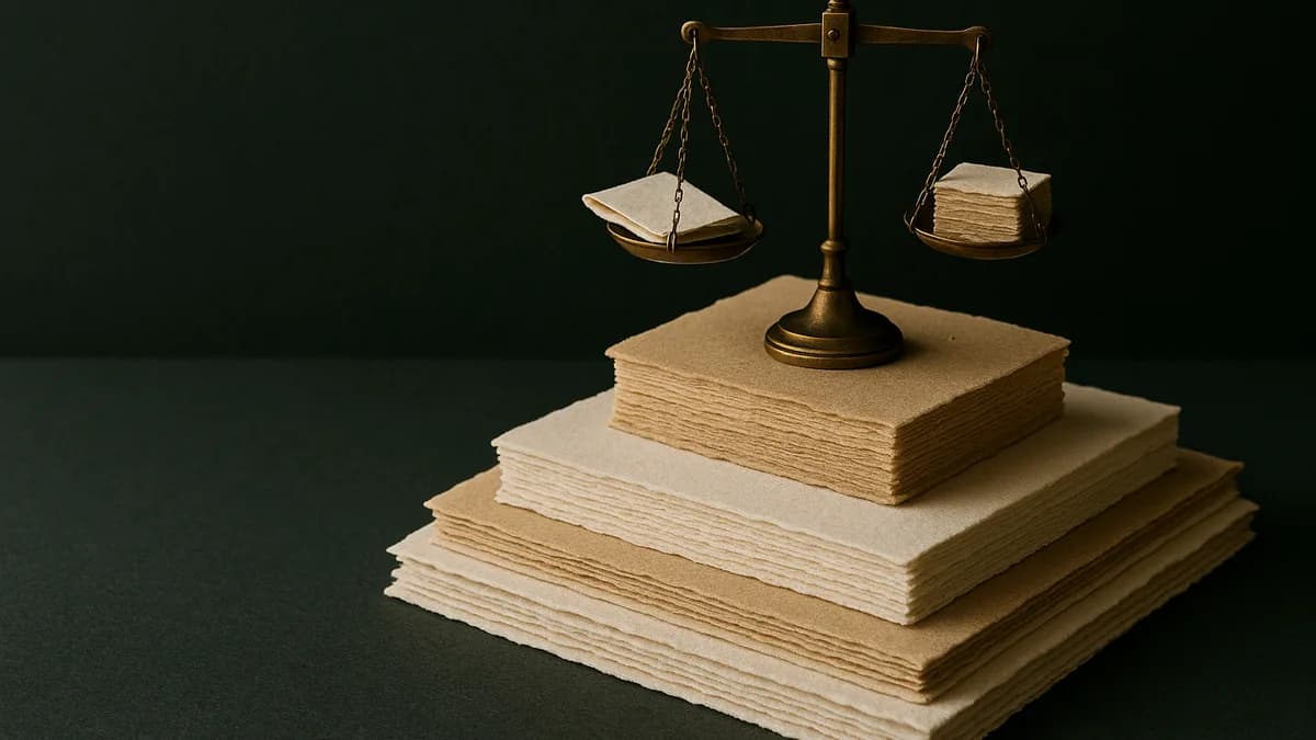 A brass balance scale on a stepped paper plinth over dark green, weighing who runs a disciplinary when the employer is an EOR.