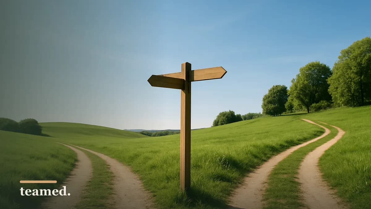 A signpost at a forked path, representing a buying-criteria shortcut and the choices it hides.