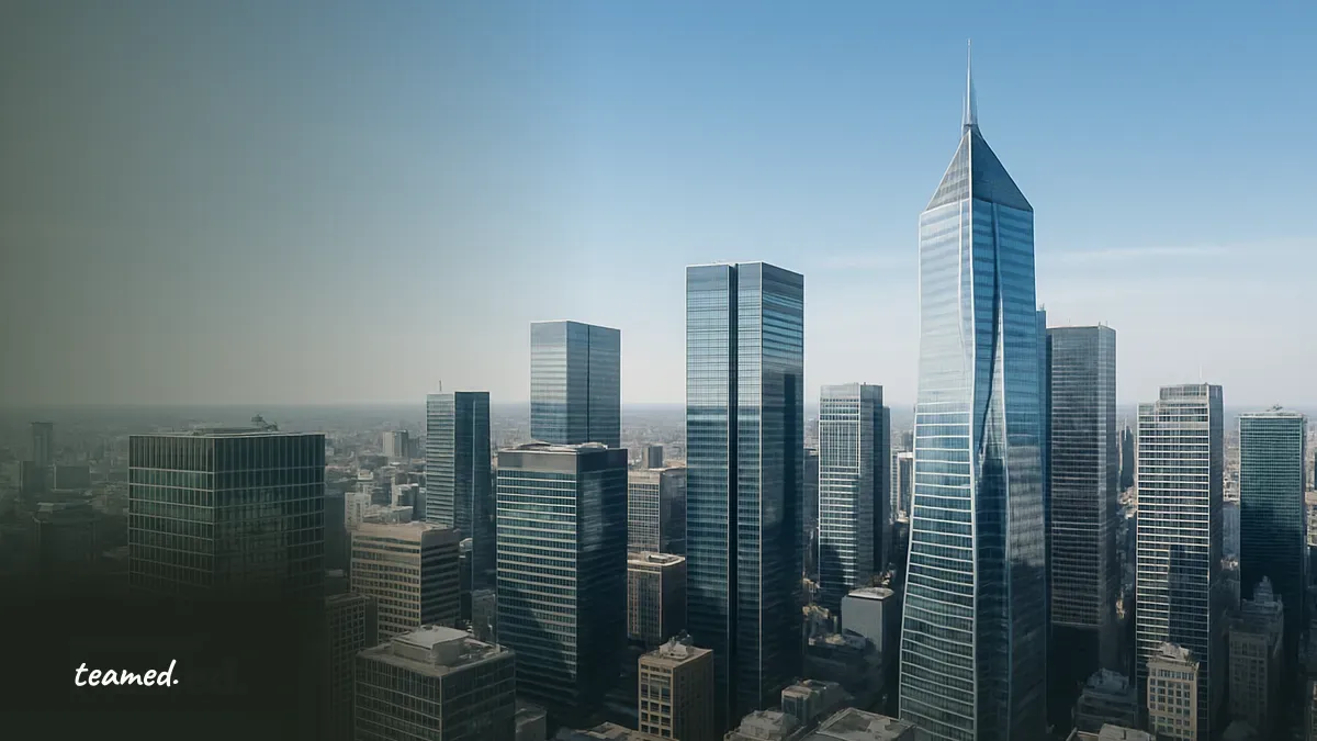An aerial view of a dense city of glass towers, representing a network of many owned entities.