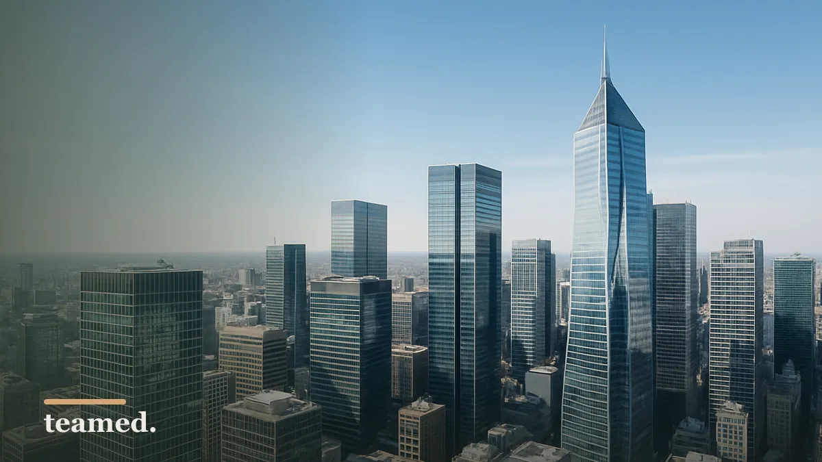 An aerial view of a dense city of glass towers, representing a network of many owned entities.