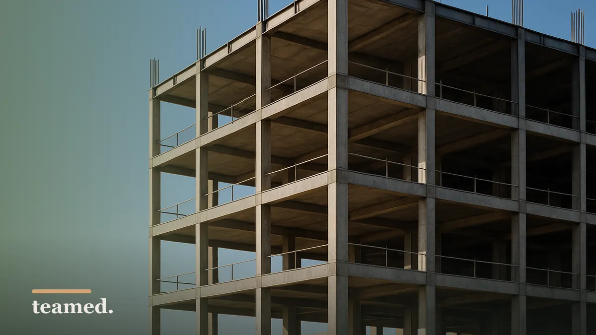 The exposed structural shell of a building under construction, a metaphor for an entity that is just an empty shell.