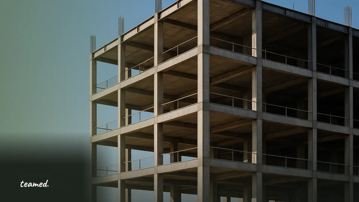 The exposed structural shell of a building under construction, a metaphor for an entity that is just an empty shell.