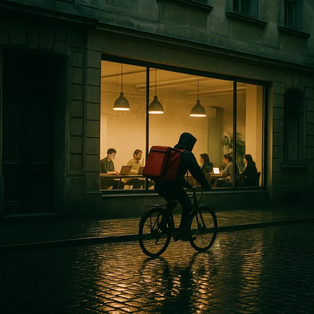 A food-delivery cyclist rides past a lit office window at dusk, where people are working at laptops.