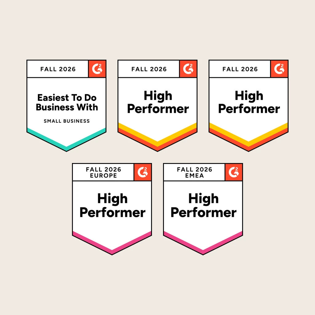 Teamed's five G2 Fall 2026 badges: Easiest To Do Business With and four High Performer badges.