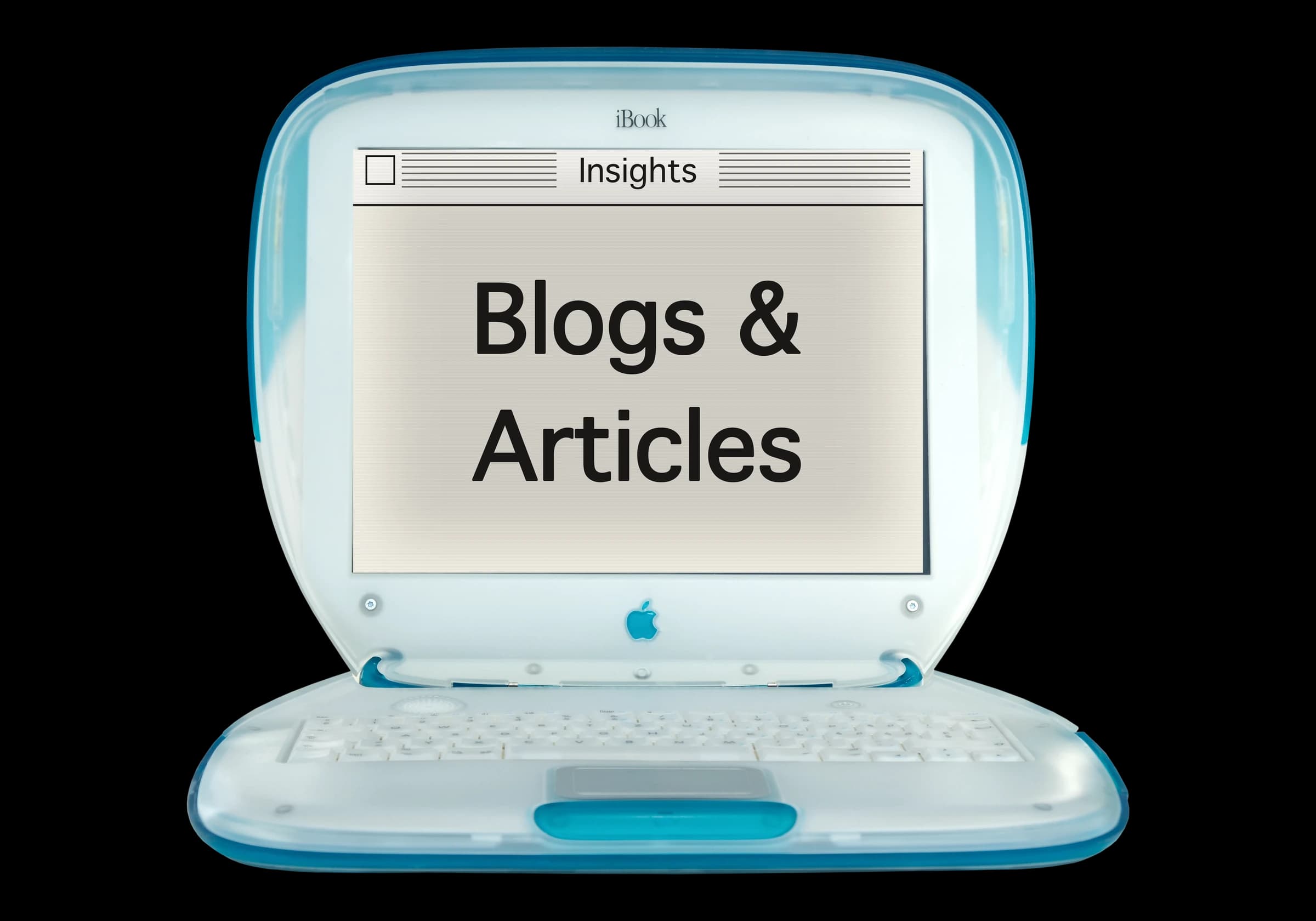 A vintage Apple iBook clamshell laptop, its screen reading Blogs & Articles — the editorial archive behind these insights.